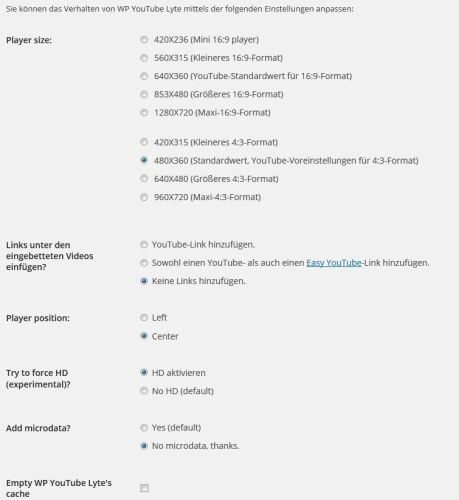 WP Youtube Lyte Einstellungen