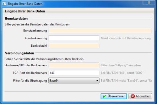 Nutzerkennung und Bankleitzahl eingeben
