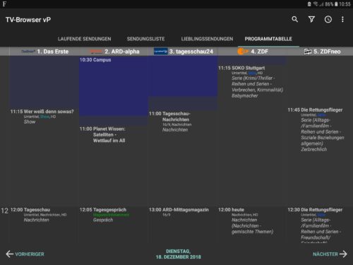 Android TV Browser Prgrammtabelle